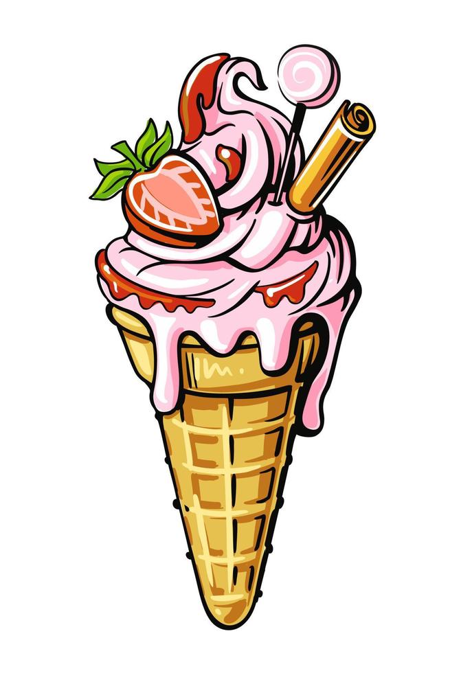 Ice cream with strawberry jam in bright cartoon style. vector