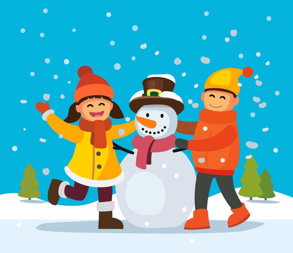 Children building snowman. Winter holidays vector