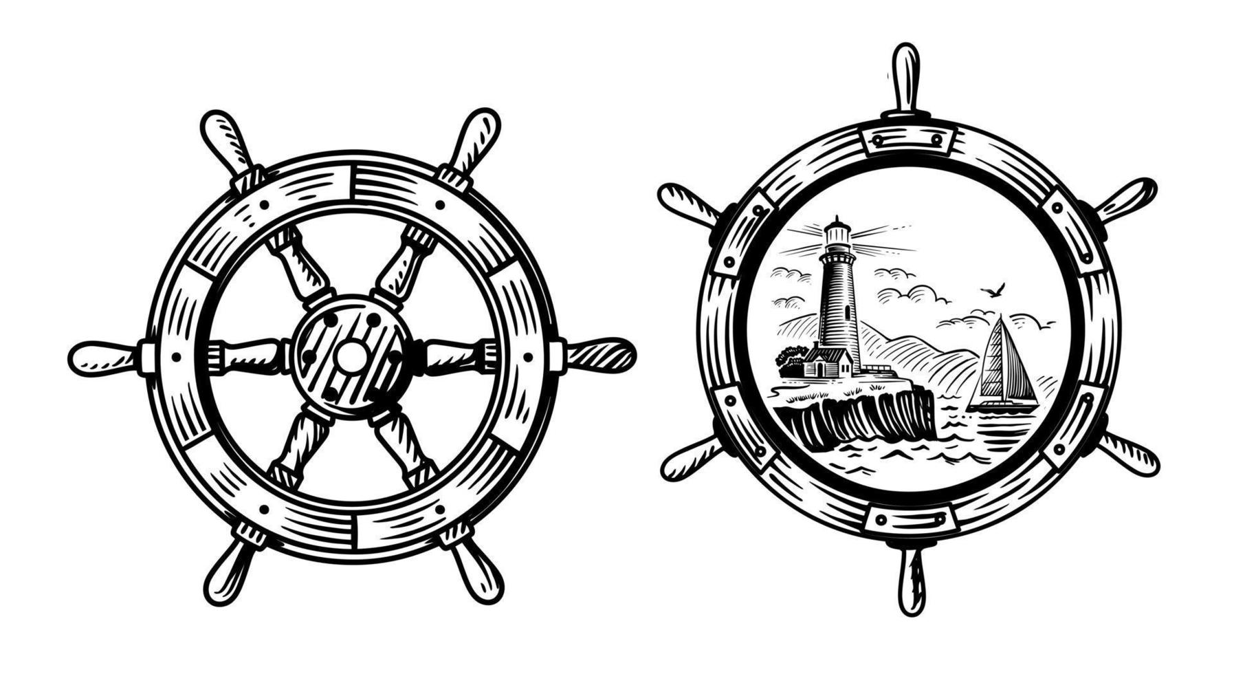 Ship steering wheel sketch engraving vector