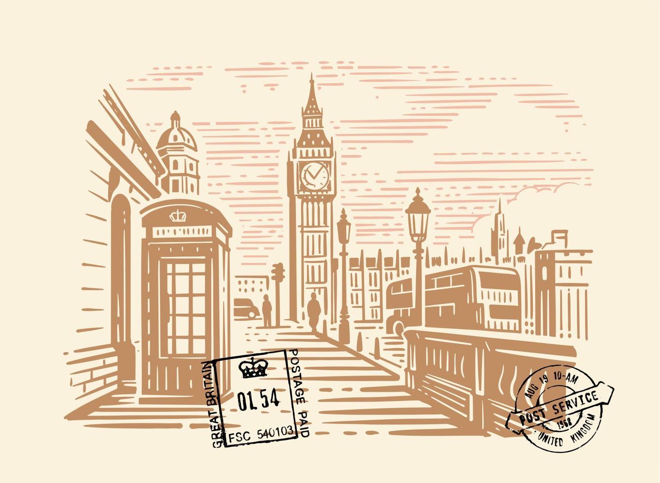London city with Big Ben. Hand drawn line sketch European old town. vector