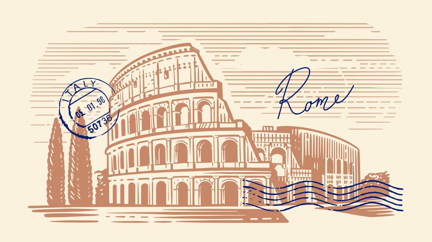 coliseo en italia. ilustración dibujada a mano. Roma. famoso hito histórico vector