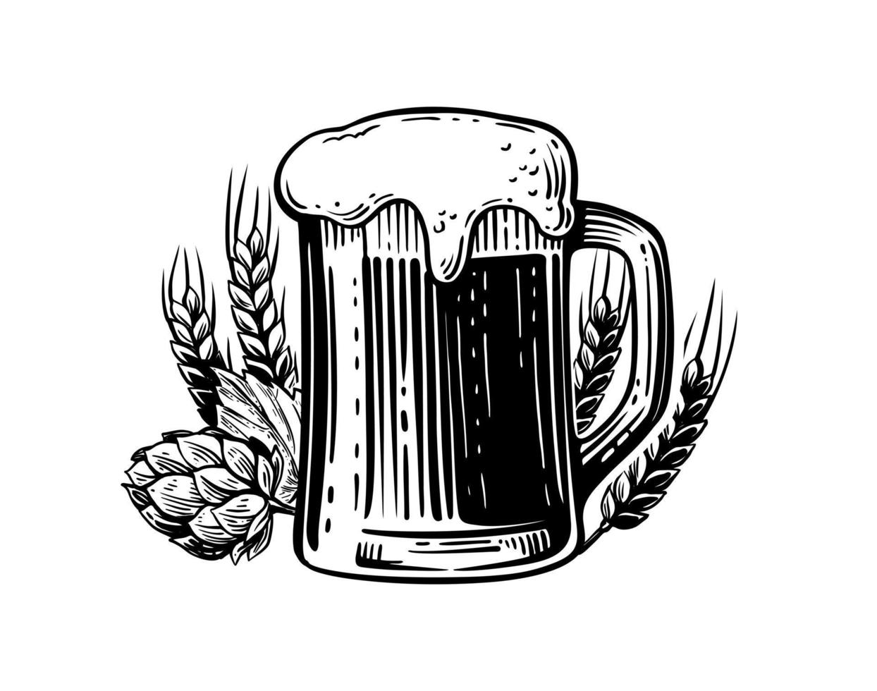Beer mug vector sketch. Hops and wheat