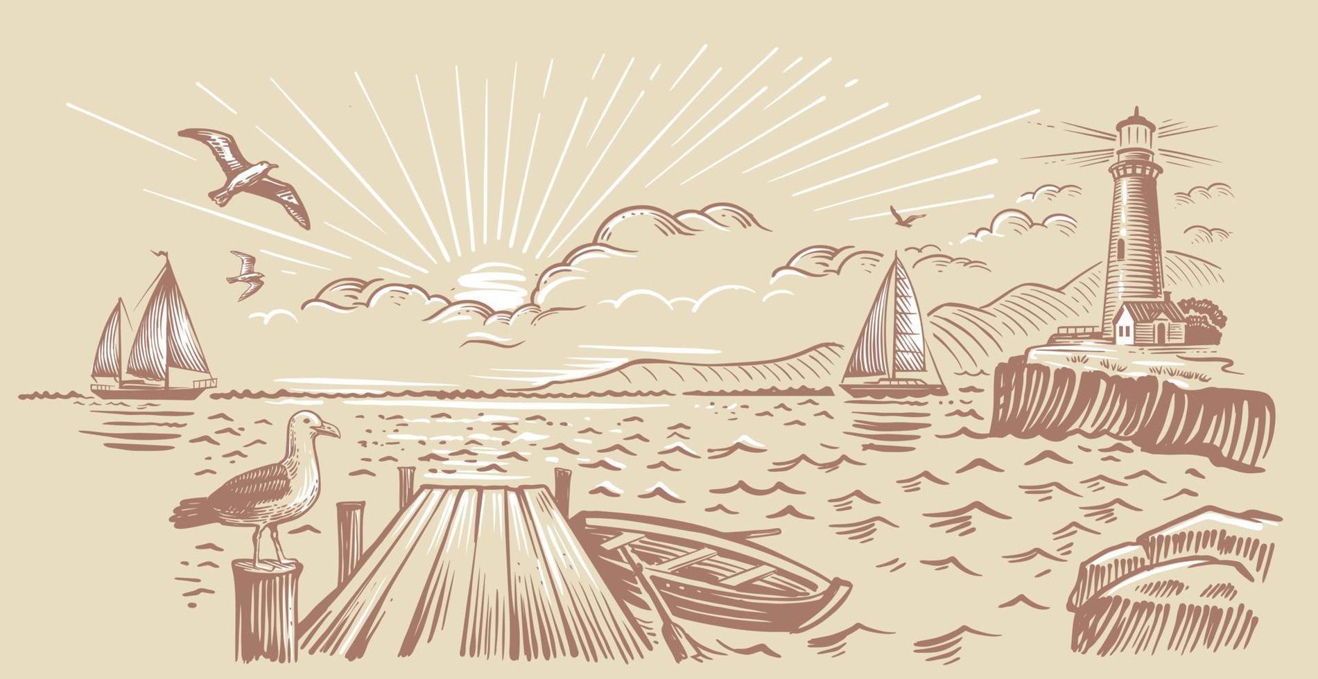 Yachts on sea. Hand drawn nautical seascape with lighthouse and pier vector