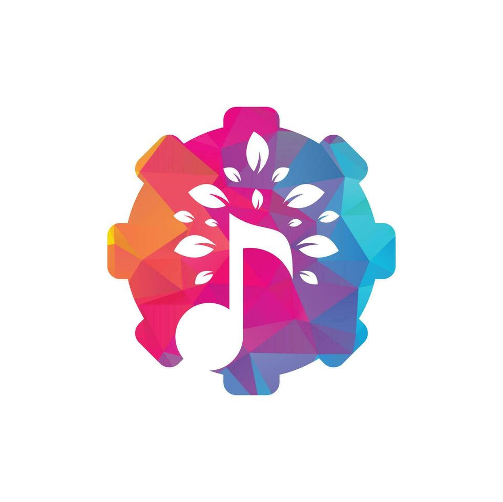 diseño de logotipo de concepto de engranaje de árbol de música. símbolo o icono de música y eco. icono de nota musical combinado con icono de forma de árbol vector