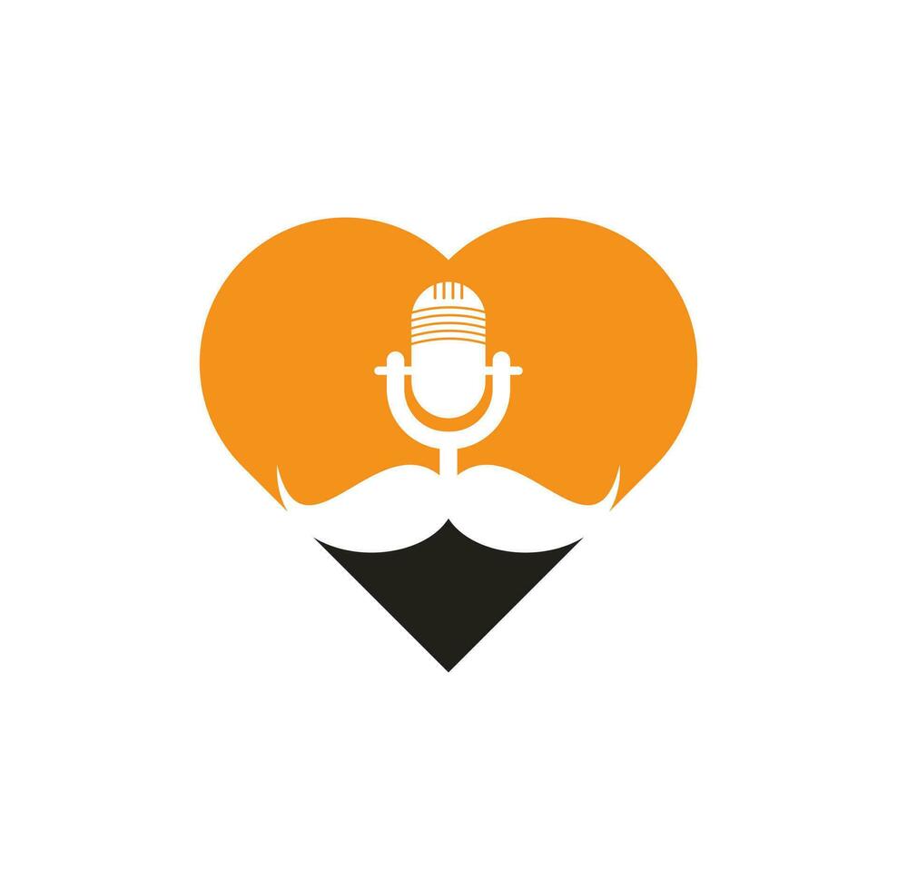 fuerte plantilla de diseño de logotipo de vector de corazón de podcast. plantilla de diseño de logotipo de podcast de caballero. icono de podcast de bigote.