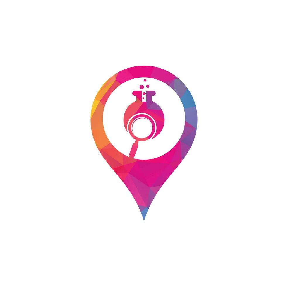 Search lab map pin shape concept logo design. find lab logo design vector template. Lab Find Logo Icon Design.