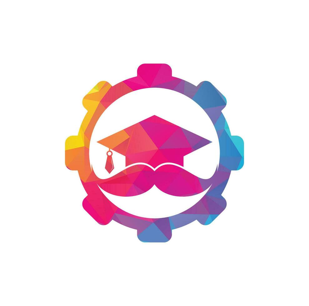 Mustache education gear shape concept logo. Strong education logo design template. Hat graduation with mustache icon design. vector