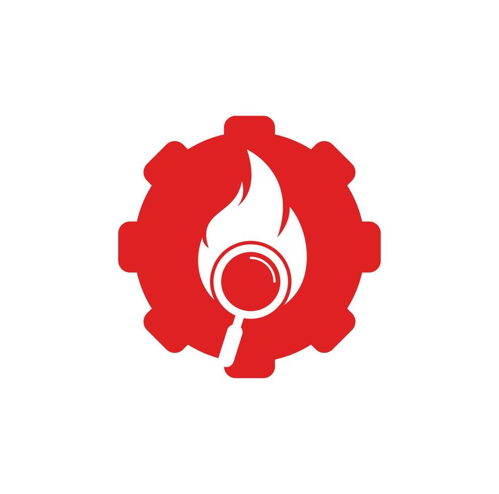 vector de diseño de plantilla de logotipo de concepto de forma de engranaje de búsqueda de incendios. encuentre la plantilla de diseño del logotipo de fuego. icono de fuego y lupa