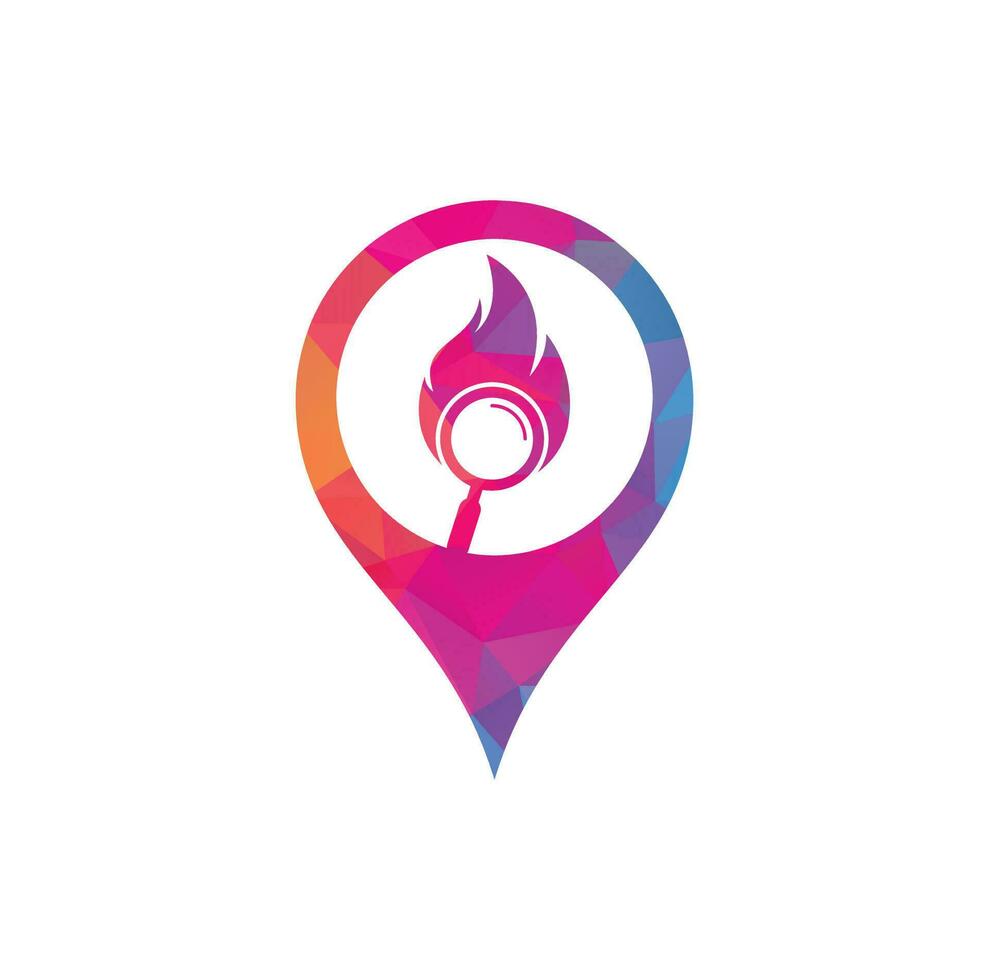 Fire Search map pin shape concept Logo Template Design Vector. Find Fire logo design template. Fire and magnifying glass icon vector