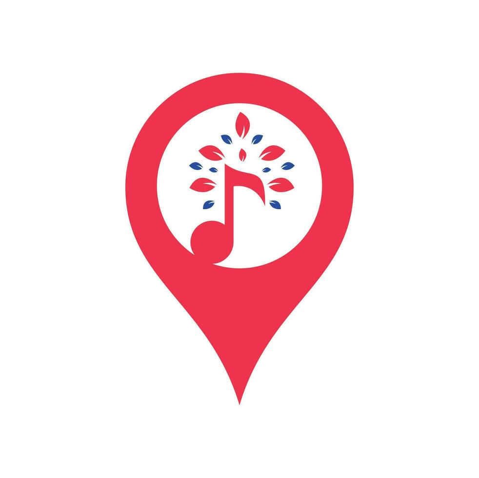 diseño de logotipo de concepto de forma de gps de árbol de música. símbolo o icono de música y eco. icono de nota musical combinado con icono de forma de árbol vector