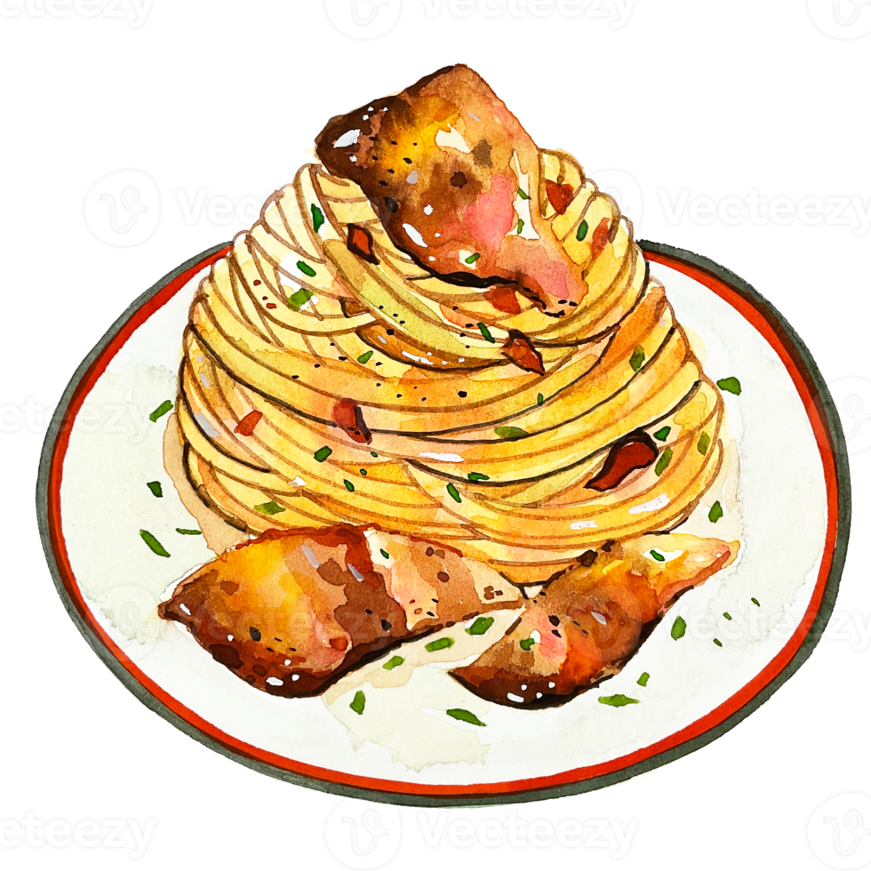 Watercolor Japanese food Spaghetti Bacon png