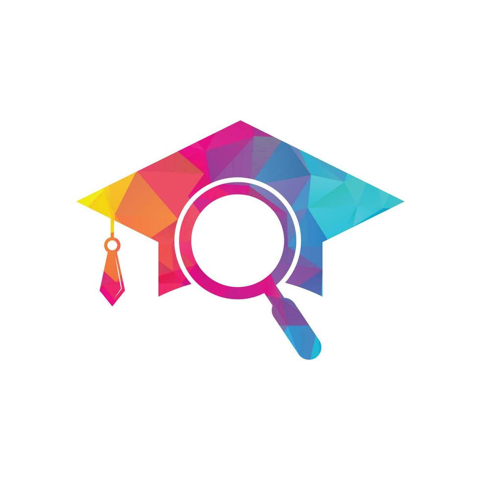 sombrero graduado y diseño de logotipo de lupa. plantilla de logotipo de vector de buscador de estudiantes.