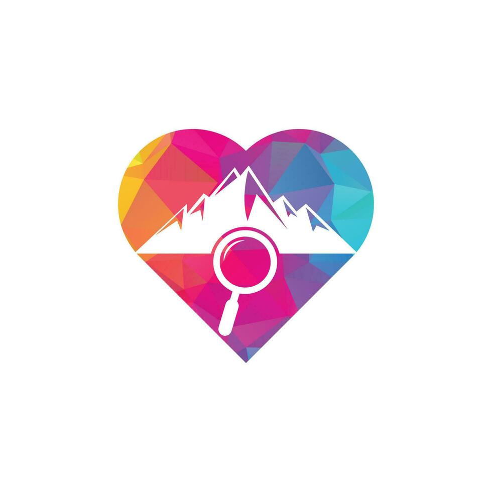 Mountain and loupe heart shape concept logo combination. Nature and magnifying symbol or icon. Magnifying glass and mountain logo design. vector