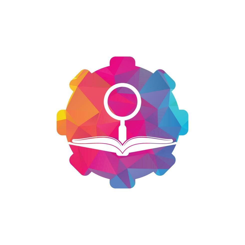 Book Search gear shape concept Logo Template Design Vector. Find book logo design template. Book icon with magnifying glass combination vector