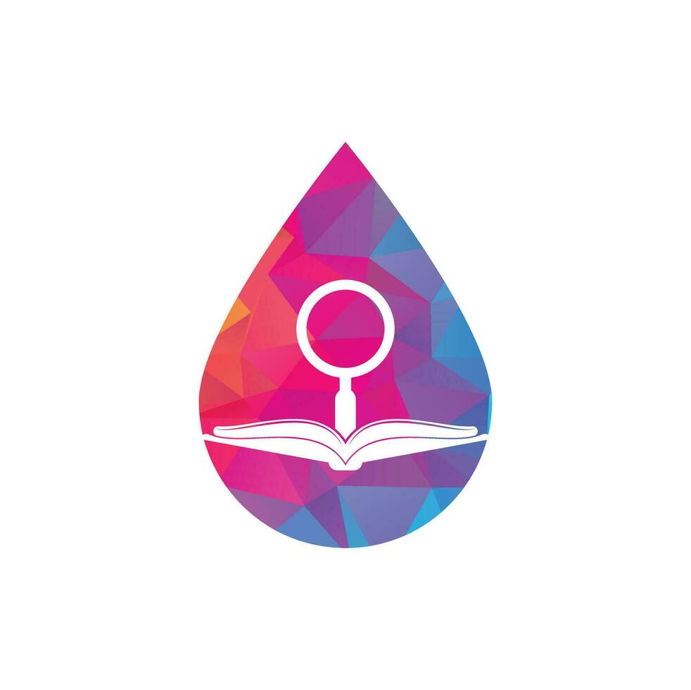 Book Search drop shape concept Logo Template Design Vector. Find book logo design template. Book icon with magnifying glass combination vector