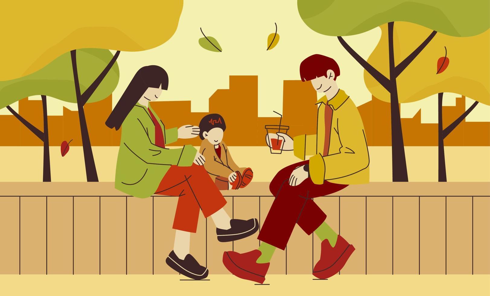 Family sits on a bench under the trees in the fall. Man, woman and child outside spending time together. Flat modern vector colorful illustration.