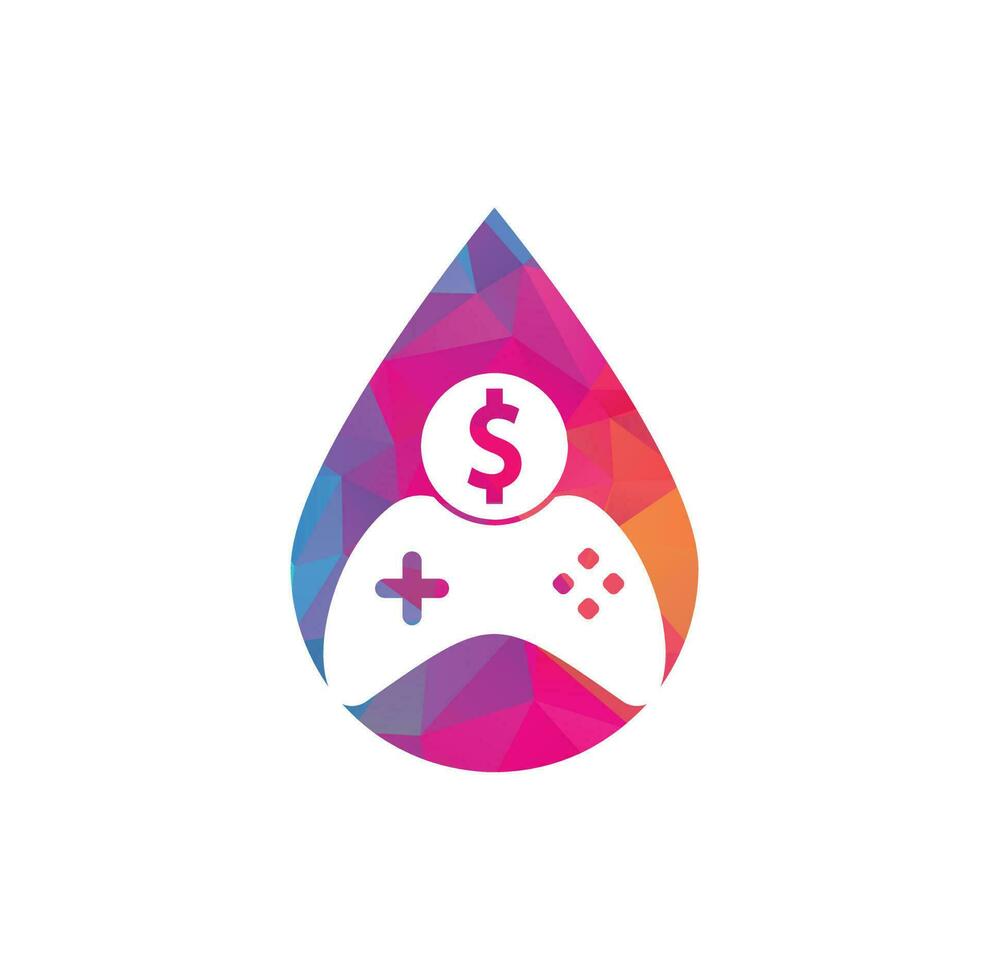 logotipo de concepto de forma de gota de juego de dinero. joystick juego de dinero en línea diseño de logotipo creativo vector