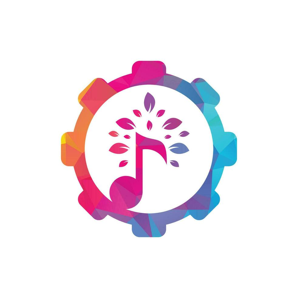 diseño de logotipo de concepto de engranaje de árbol de música. símbolo o icono de música y eco. icono de nota musical combinado con icono de forma de árbol vector