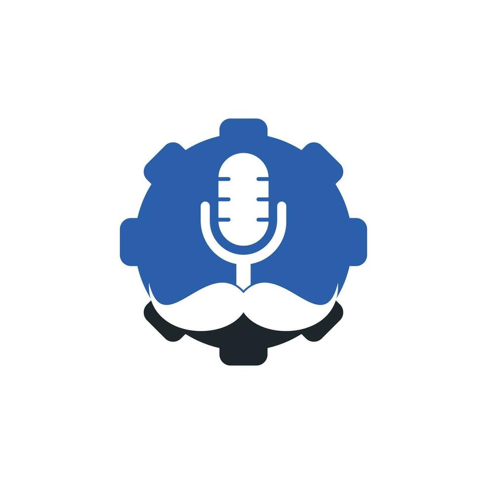 fuerte plantilla de diseño de logotipo de vector de engranaje de podcast. plantilla de diseño de logotipo de podcast de caballero. icono de podcast de bigote.