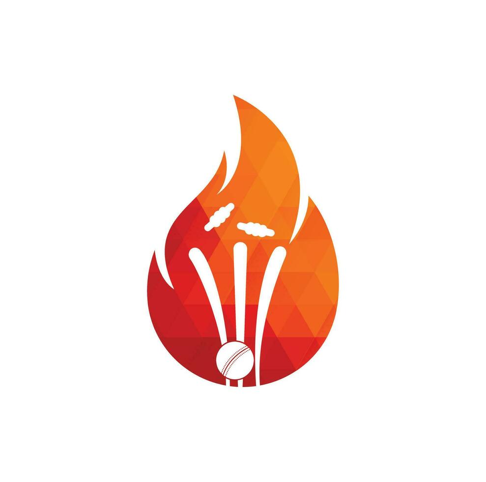 fuego wickets y logotipo de la bola. diseño del logotipo del vector del jugador de cricket de fuego. icono del logotipo del equipo de fuego de críquet.