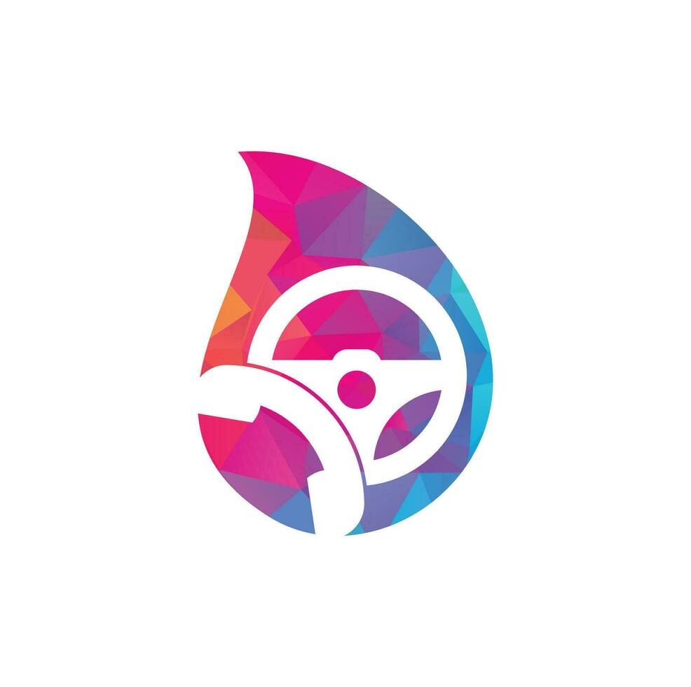 Drive call drop shape concept vector logo design. Steering wheel and phone symbol or icon.