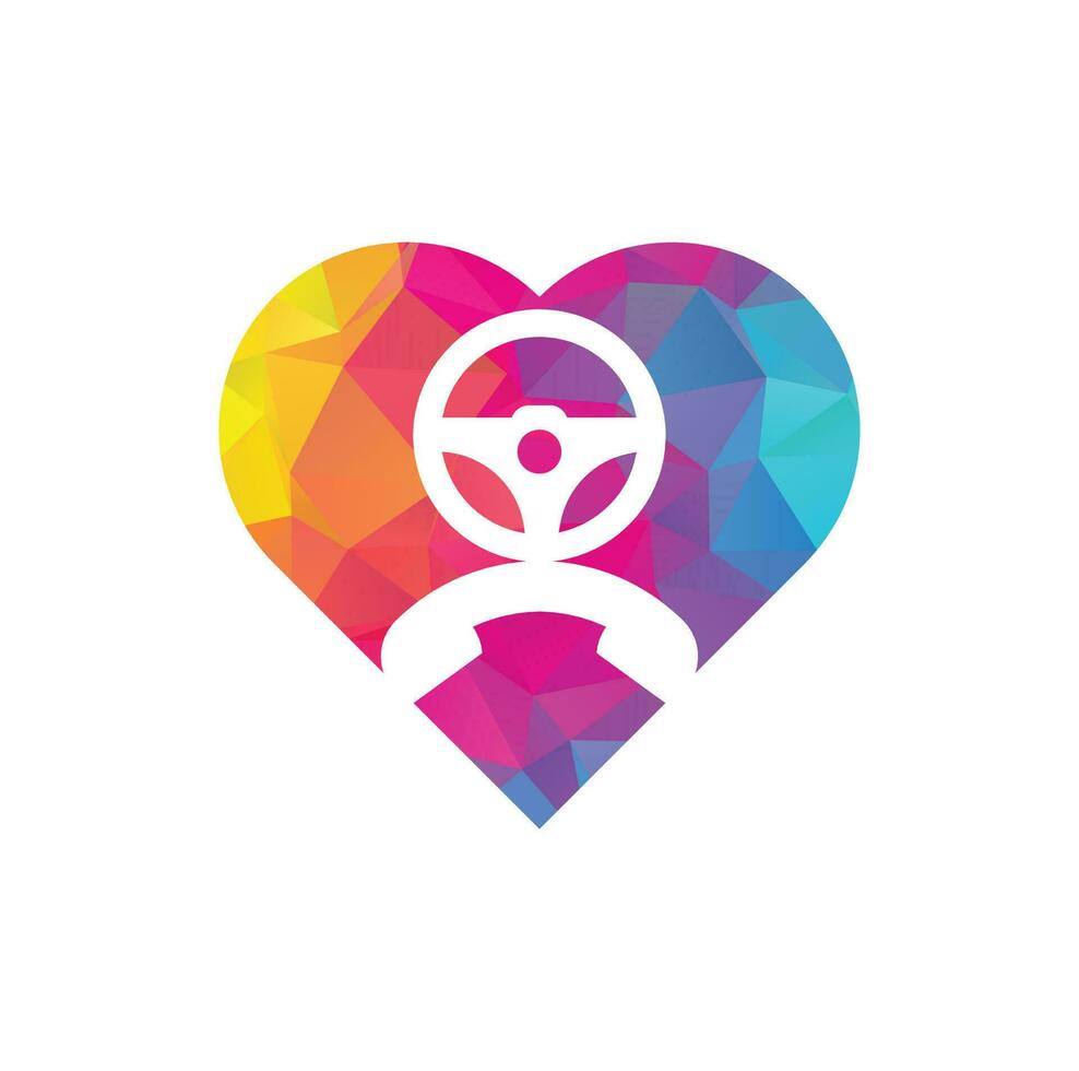 Drive call heart shape concept vector logo design. Steering wheel and phone symbol or icon
