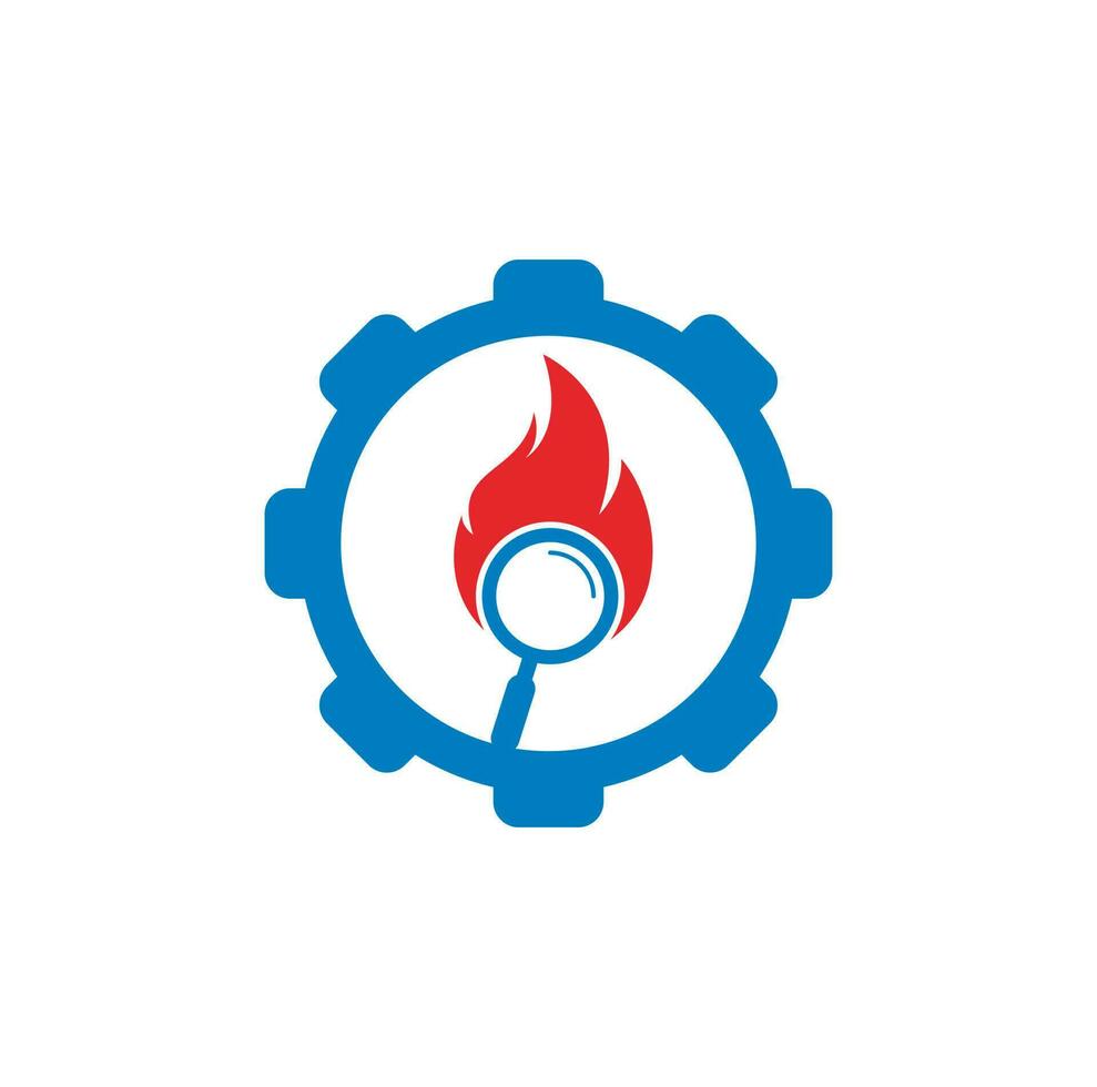 vector de diseño de plantilla de logotipo de concepto de forma de engranaje de búsqueda de incendios. encuentre la plantilla de diseño del logotipo de fuego. icono de fuego y lupa