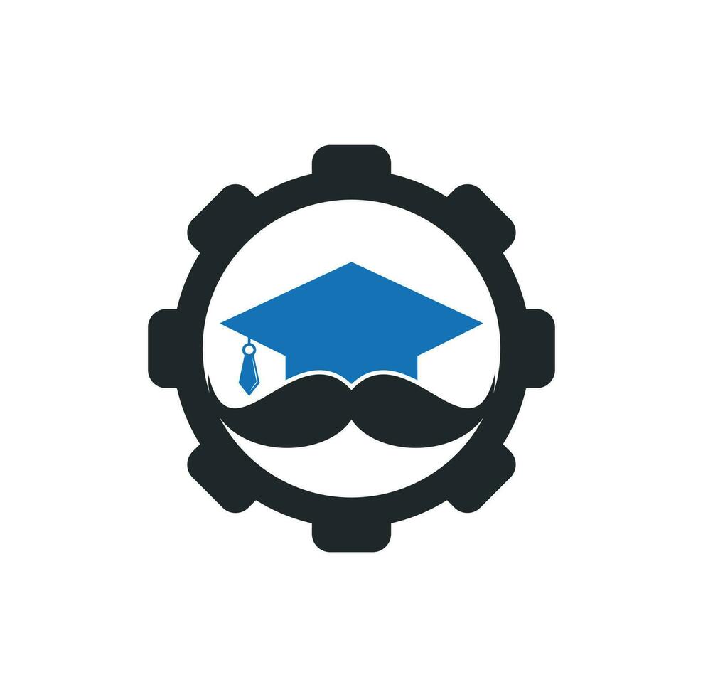 Mustache education gear shape concept logo. Strong education logo design template. Hat graduation with mustache icon design. vector