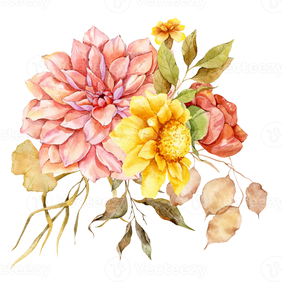 Hand Painted Autumn Floral Bouquets, Floral Compositions with Autumn Flowers png