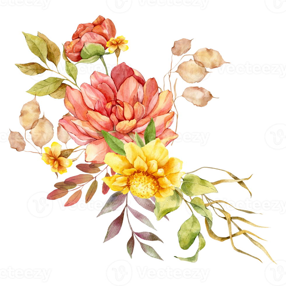 bouquets floraux d'automne peints à la main, compositions florales avec des fleurs d'automne png