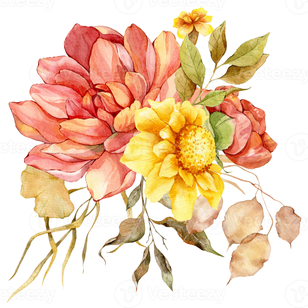 handgemalte Herbstblumensträuße, Blumenkompositionen mit Herbstblumen png