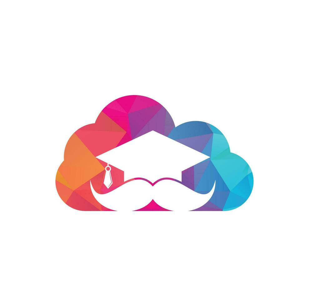Mustache education cloud shape concept logo. Strong education logo design template. Hat graduation with mustache icon design. vector
