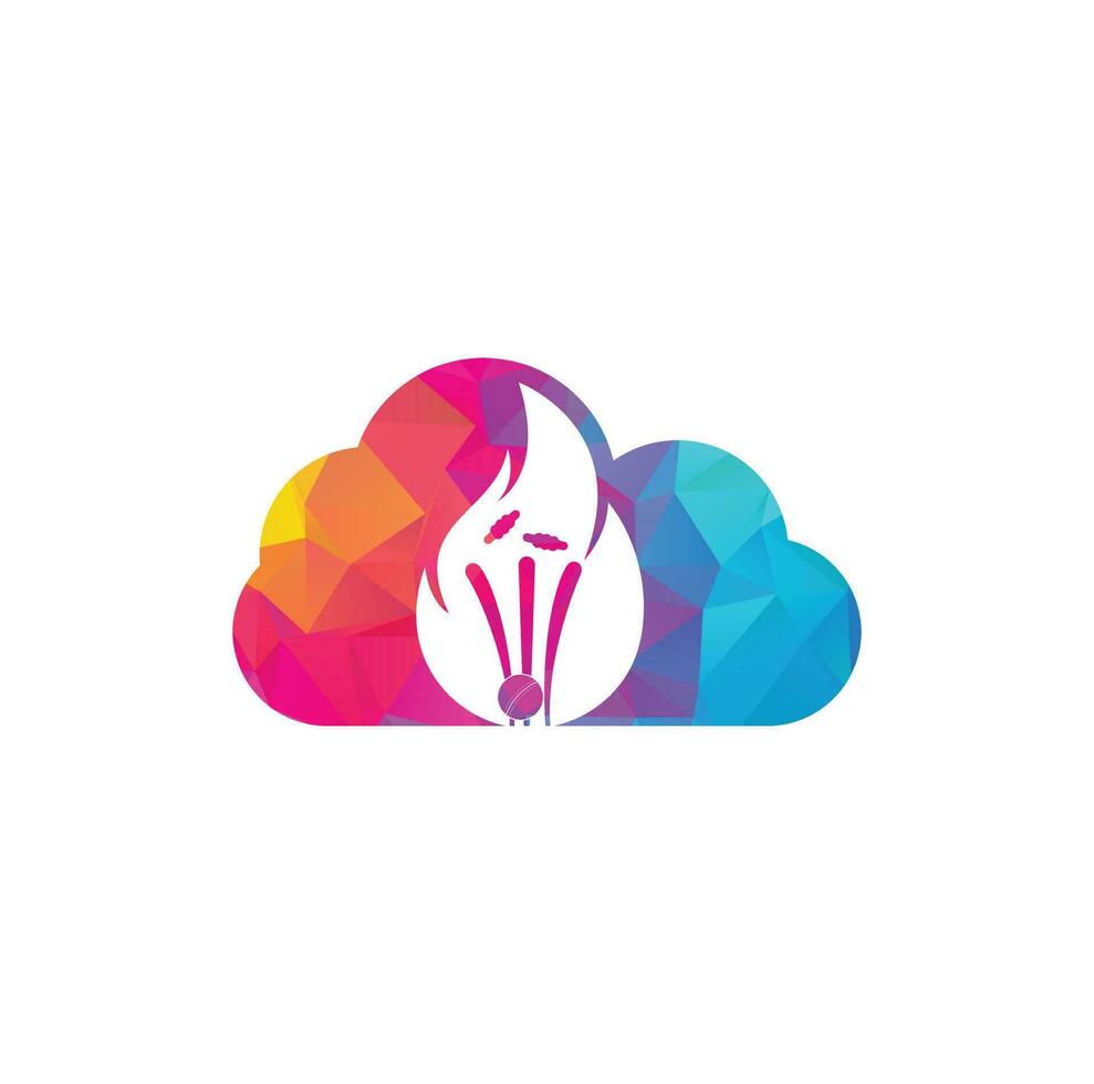 Fire wickets and ball logo . Fire cricket cloud vector logo design.