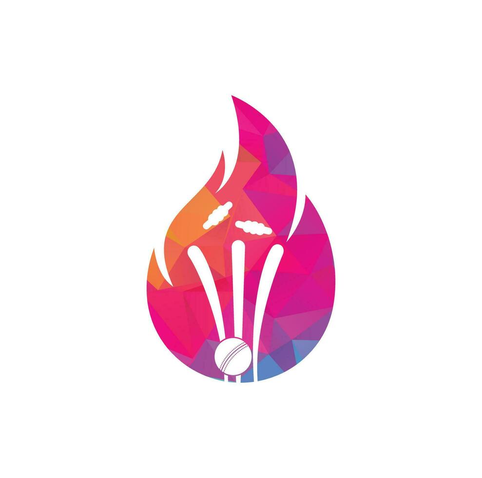 Fire wickets and ball logo .Fire cricket player vector logo design. Cricket fire gear logo icon.