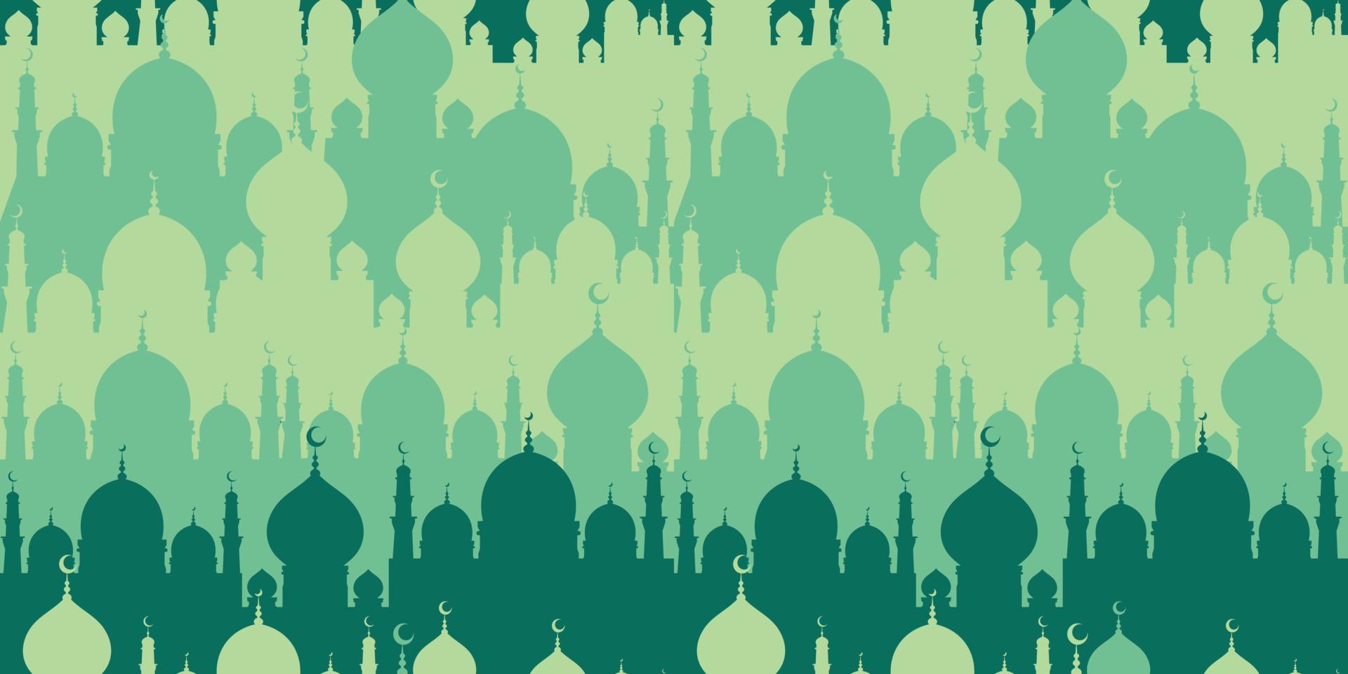 Mezquita islámica de estilo plano brillante diseño de patrones sin fisuras. diseño de superficie musulmana en color verde vector