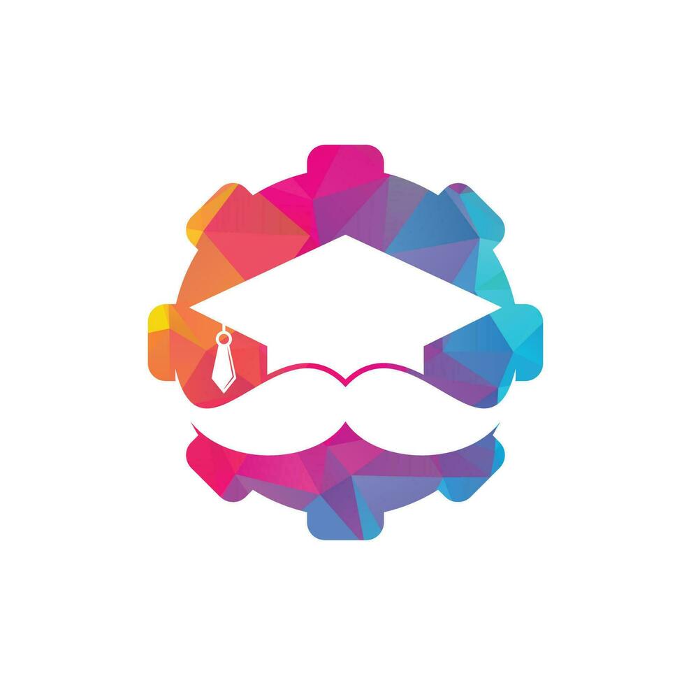 Mustache education gear shape concept logo. Strong education logo design template. Hat graduation with mustache icon design. vector