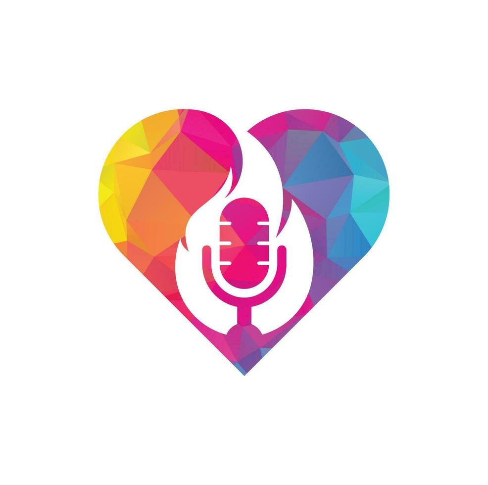 Fire Podcast heart shape concept logo design template. Flame fire podcast mic logo vector icon illustration