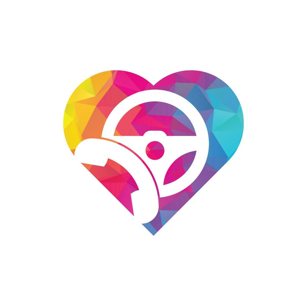 Drive call heart shape concept vector logo design. Steering wheel and phone symbol or icon