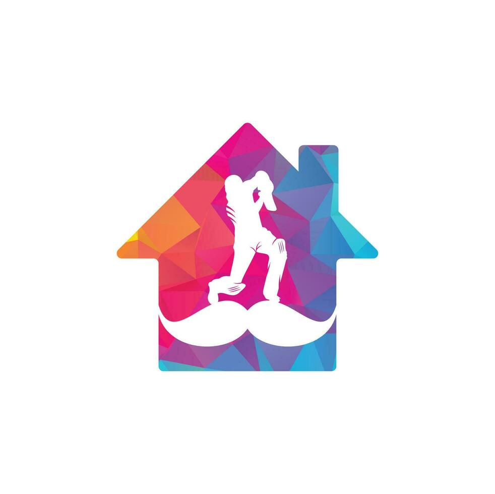 Strong cricket home shape concept vector logo design. Moustache and cricket player vector icon design.