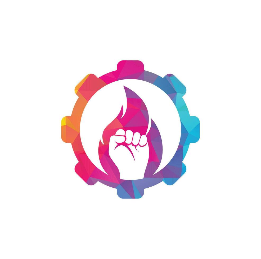 vector de logotipo de concepto de forma de engranaje de puño de fuego. símbolo de puño de llama de protesta de revolución. elemento de diseño de plantilla de logotipo de icono web.