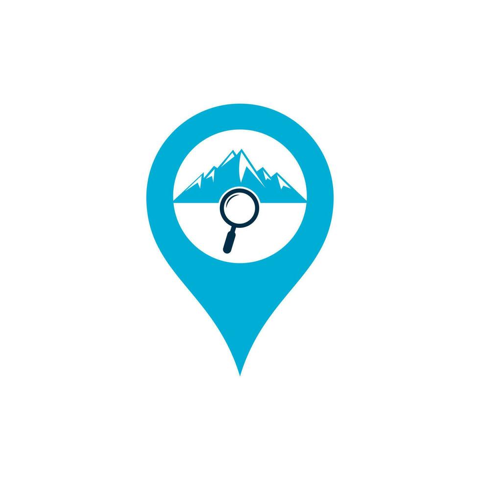 Mountain and loupe gps shape concept logo combination. Nature and magnifying symbol or icon. Magnifying glass and mountain logo design vector