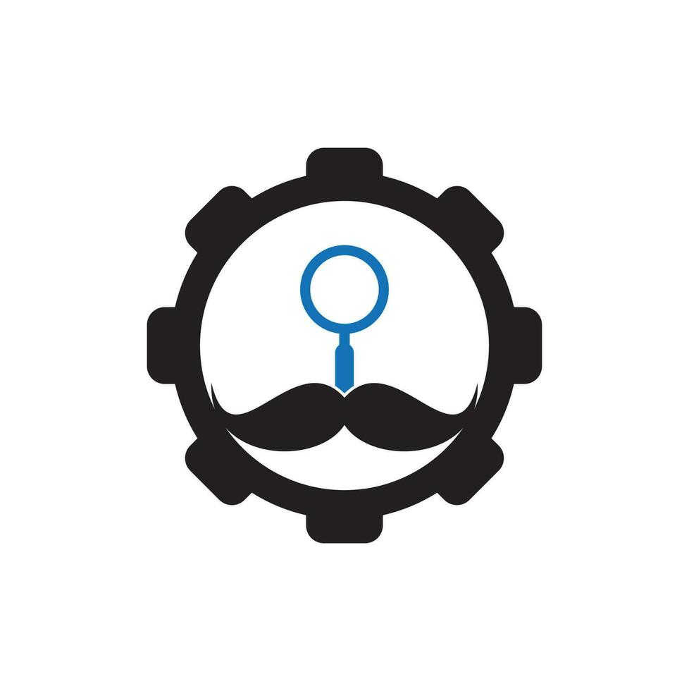plantilla de diseño de logotipo de concepto de forma de engranaje de bigote de búsqueda. bigote y lupa para un diseño de logo de detective espía. vector