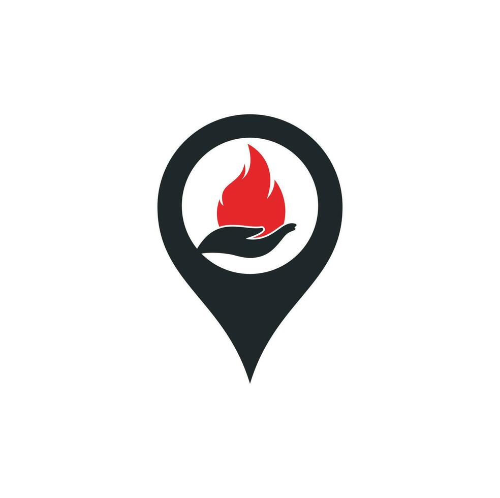 cuidado de incendios gps forma concepto vector logo diseño concepto. diseño de logotipo de icono de mano y fuego.