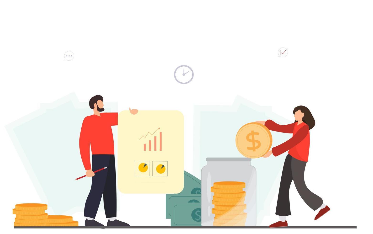 Family budget planning, man and woman accounting their finance and calculating financial income and expenses, paying taxes concept, flat vector illustration
