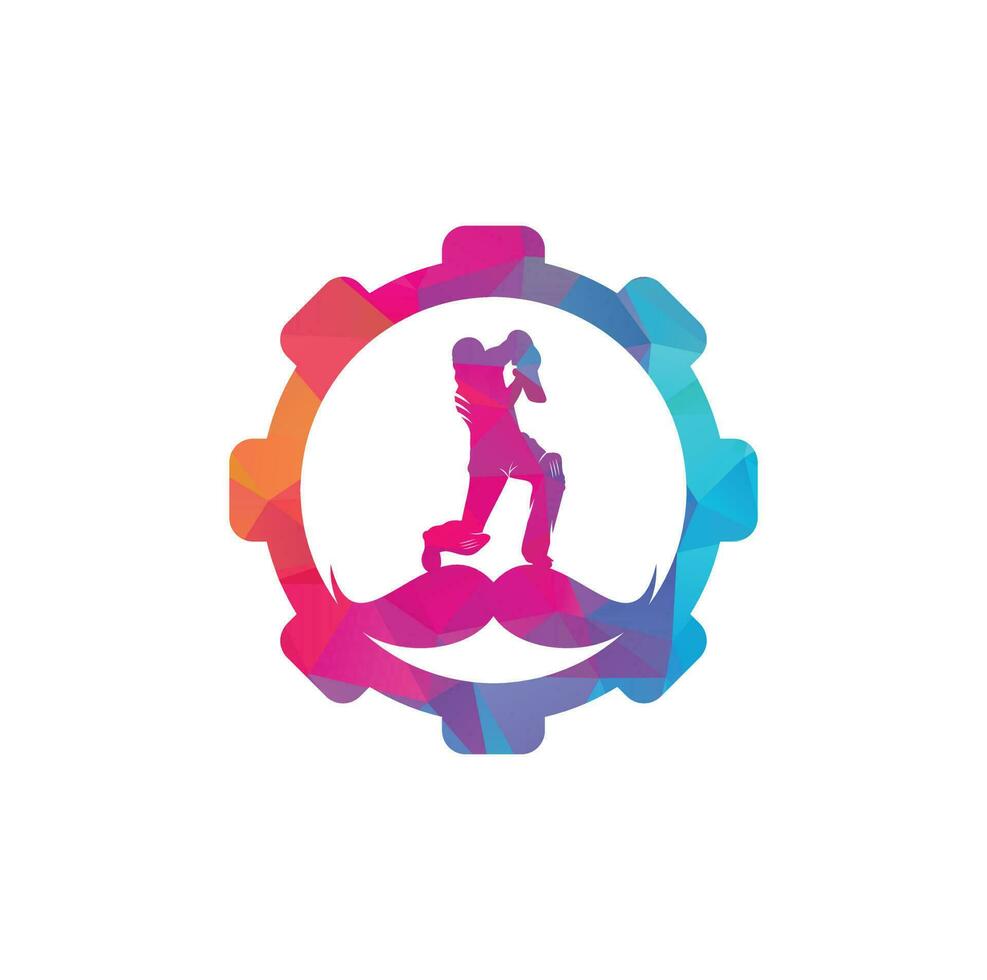 fuerte diseño de logotipo de vector de concepto de forma de engranaje de cricket. diseño de icono de vector de bigote y jugador de cricket.