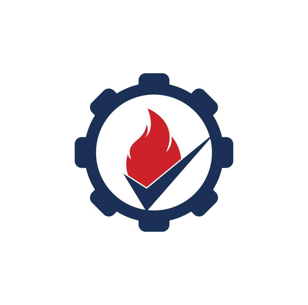 plantilla de diseño de logotipo vectorial de concepto de forma de engranaje de control de incendios. diseño de iconos de fuego y marca de verificación. vector