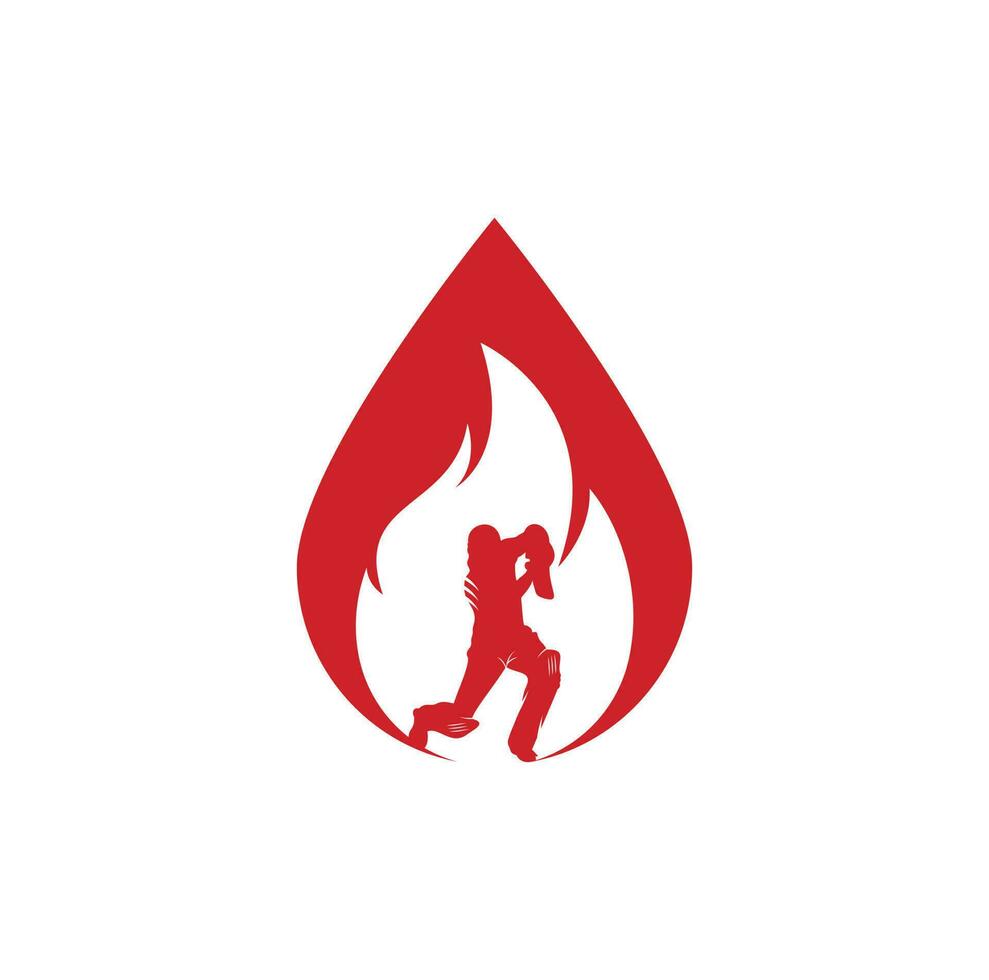 diseño del logotipo vectorial del jugador de cricket de fuego. icono del logotipo de la gota de fuego de críquet. logotipo de combinación de bateador jugando cricket y fuego vector