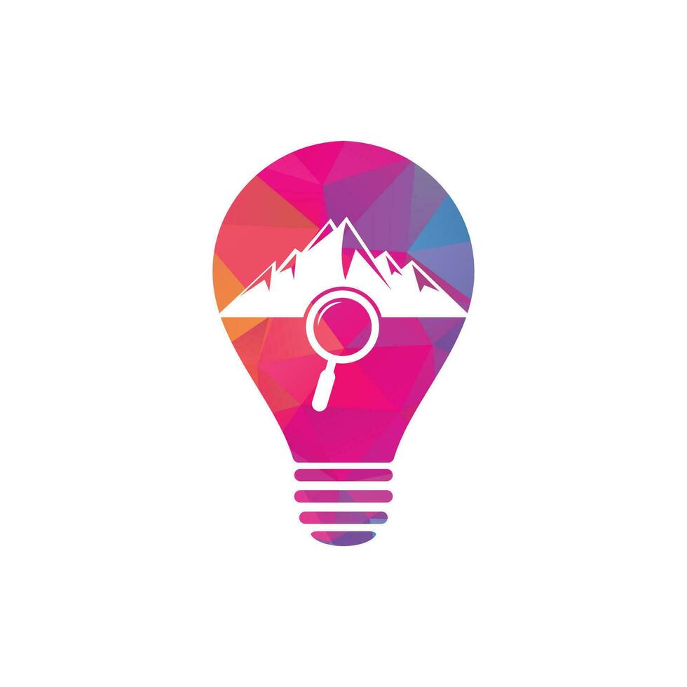Mountain and loupe bulb shape concept logo combination. Nature and magnifying symbol or icon. Magnifying glass and mountain logo design. vector
