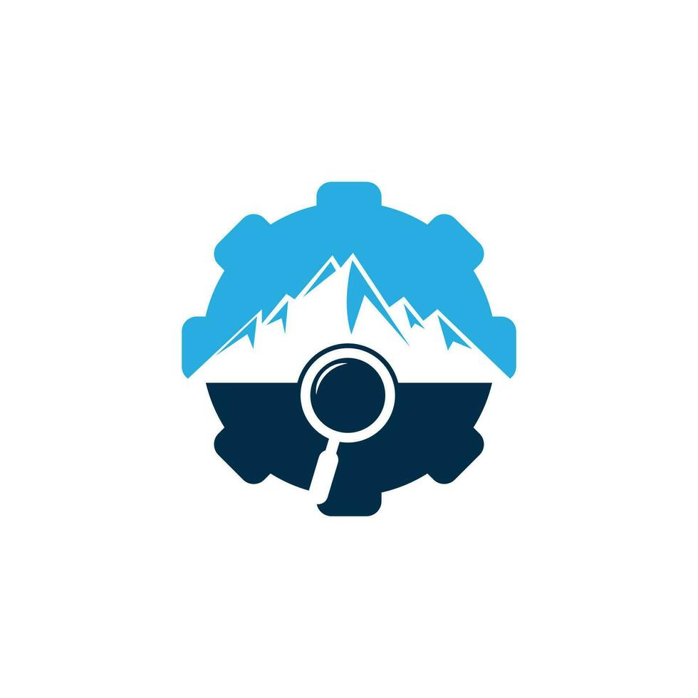 Mountain and loupe gear shape concept logo combination. Nature and magnifying symbol or icon. Magnifying glass and mountain logo design. vector