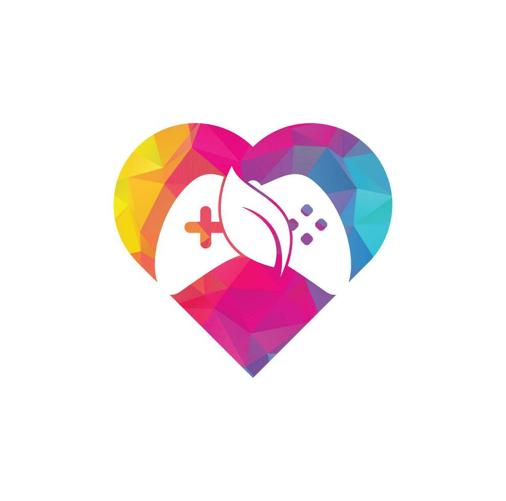 Game and leaf heart shape concept logo design template. Gaming and leaf logo design template. vector